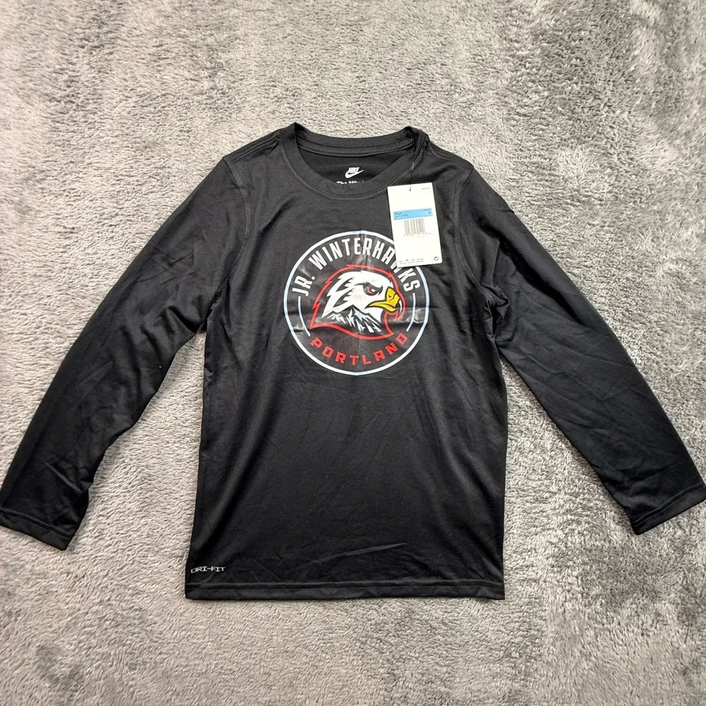 Nike Long Sleeve Shirt Boys Medium Black NEW Portland Jr Winterhawks Dri-FIT